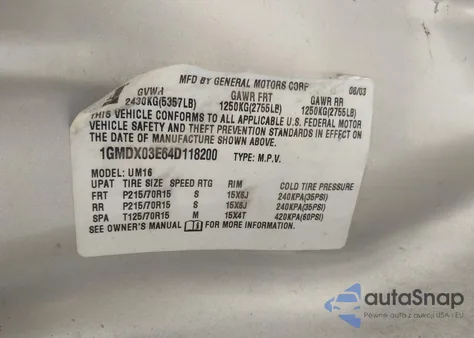 2004 Pontiac Montana M16 W/1Sa Pkg. z USA, uszkodzony, nr VIN 1GMDX03E64D118200